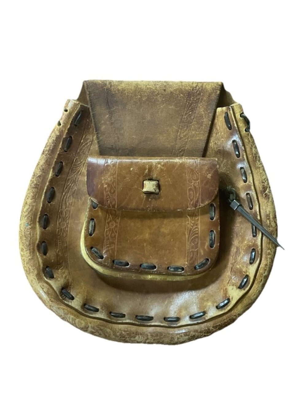 Vintage Tooled Leather Purse Bag ~no strap~ Brown 60s 70s Pocket Hippy Boho